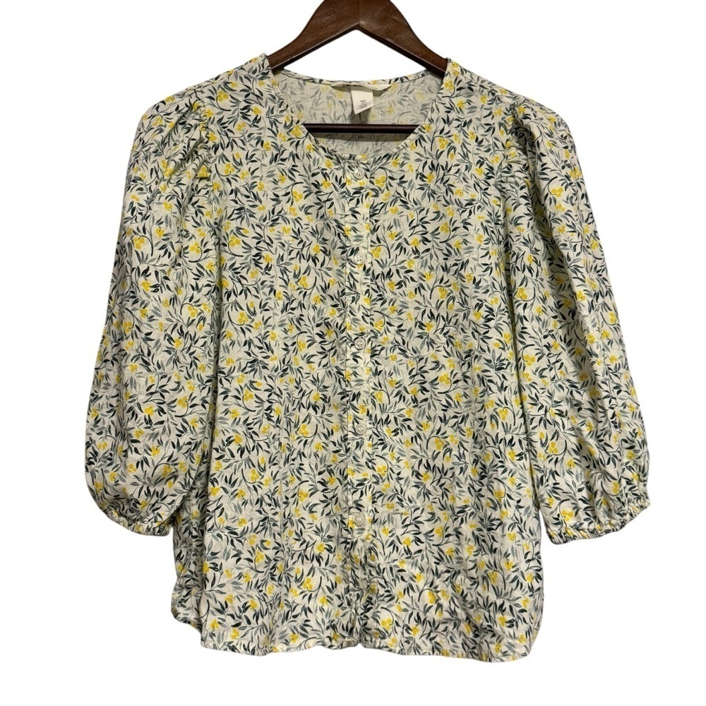 H&M Linen Blend Yellow Floral Print Top